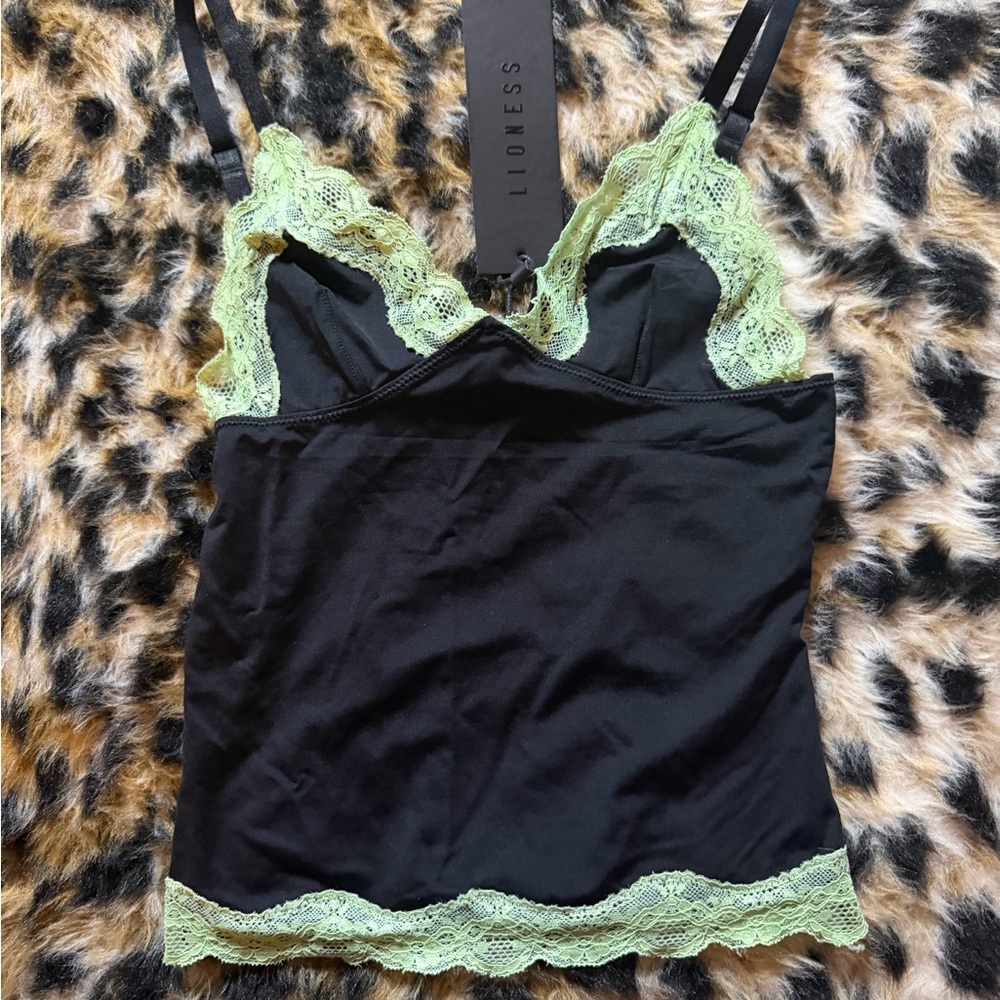 Lioness Black Cami with Lime Green Lace Trim